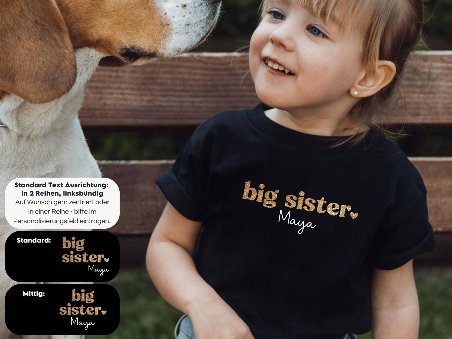Schwarzes T-Shirt "Big Sister" Oder Wunschtext Mit Kleinem Herz I Verkündung Zweites Kind Geschenk Große Schwester Zu Set Kombinierbar von GoodbyeSocks