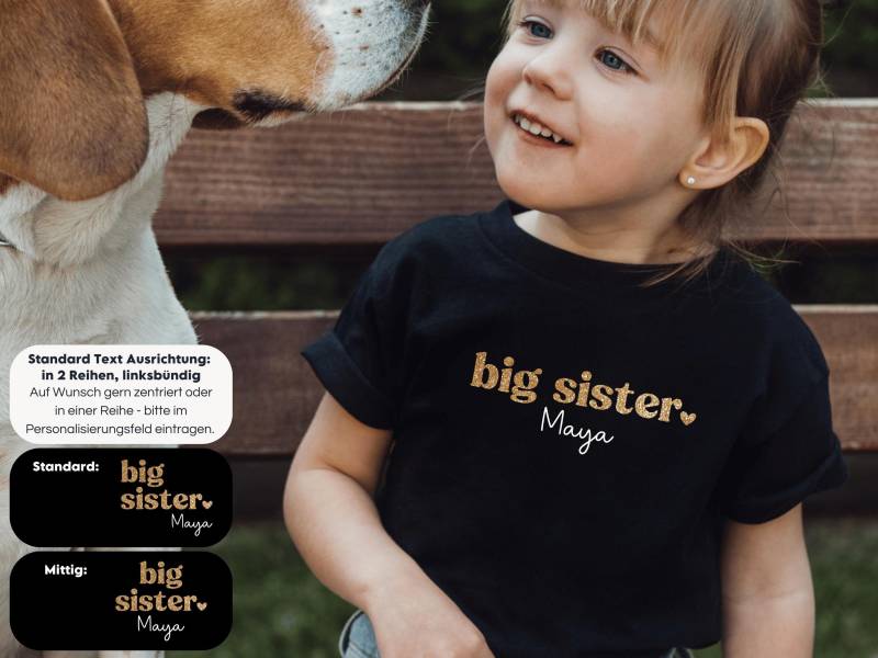 Schwarzes T-Shirt "Big Sister" Oder Wunschtext Mit Kleinem Herz I Verkündung Zweites Kind Geschenk Große Schwester Zu Set Kombinierbar von GoodbyeSocks
