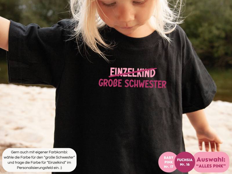Schwarzes Tshirt Oder Langarm Shirt Einzelkind Durchgestrichen/Große Schwester I Verkündung Zweites Kind Pink Wunschfarbe von GoodbyeSocks