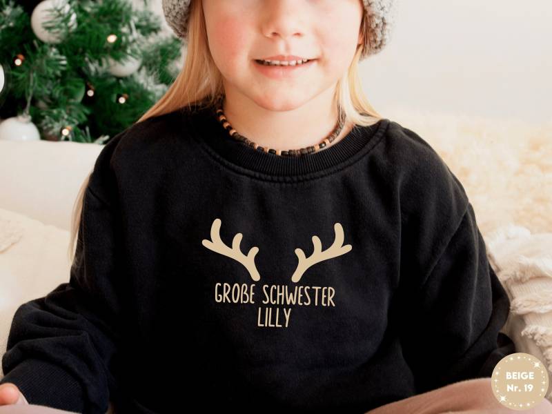 Weihnachts Pullover "Große Schwester" Oder Wunschtext I Rentier Geweih Hörner Zu Geschwister Outfit Kombinierbar Sweatshirt Pulli Name von GoodbyeSocks