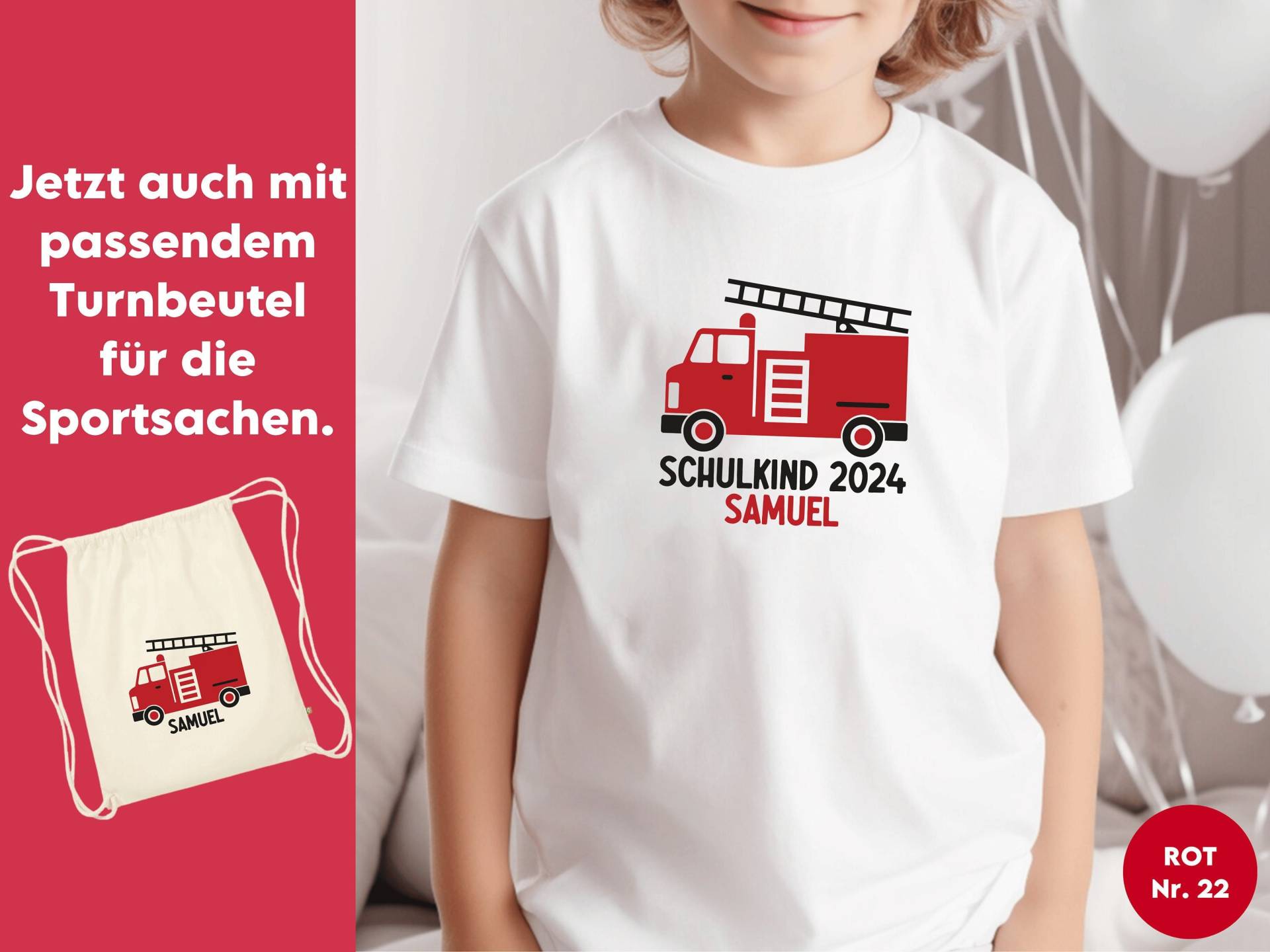 Weißes T-Shirt „Schulkind 2024" Mit Feuerwehr Auto I Optonal Im Set Turnbeutel Für Sportsachen Geschenk Einschulung Weißes T-Shirt „Schulkind 2024" Mit Feuerwehr Auto I Optonal Im Set Turnbeutel Für Sportsachen Geschenk Einschulung von GoodbyeSocks