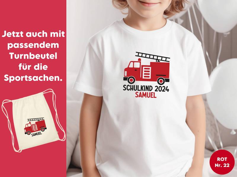 Weißes T-Shirt „Schulkind 2024" Mit Feuerwehr Auto I Optonal Im Set Turnbeutel Für Sportsachen Geschenk Einschulung Weißes T-Shirt „Schulkind 2024" Mit Feuerwehr Auto I Optonal Im Set Turnbeutel Für Sportsachen Geschenk Einschulung von GoodbyeSocks