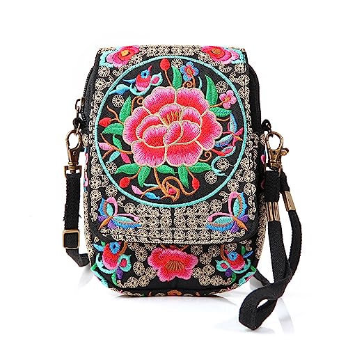 Goodhan Umhängetasche mit Blumenstickerei, Leinen, Damen, Kuriertasche, Handytasche, Stil 01: Basic Version - Redrose von Goodhan