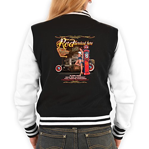 Goodman Design College Jacke schwarz/Weiss Damen mit Rockabilly/Hot Rod Motiv : Get Your Rod/Hot Rod Girl - Collegejacke Frauen Farbe: schwarz Gr: XL von Goodman Design