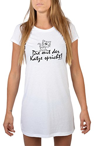 Goodman Design ® Lustiges Katzen Nachthemd tierische Sprüche : Die mit der Katze spricht! - Longshirt Damen Katze Farbe: Weiss Gr: XL von Goodman Design