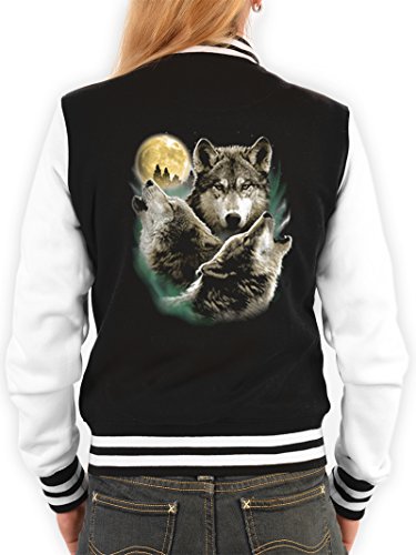 Goodman Design Damen College Jacke schwarz/Weiss mit Wolf Motiv : 3 Wölfe - Collegejacke Damen/Mädchen Farbe: schwarz Gr: XS von Goodman Design