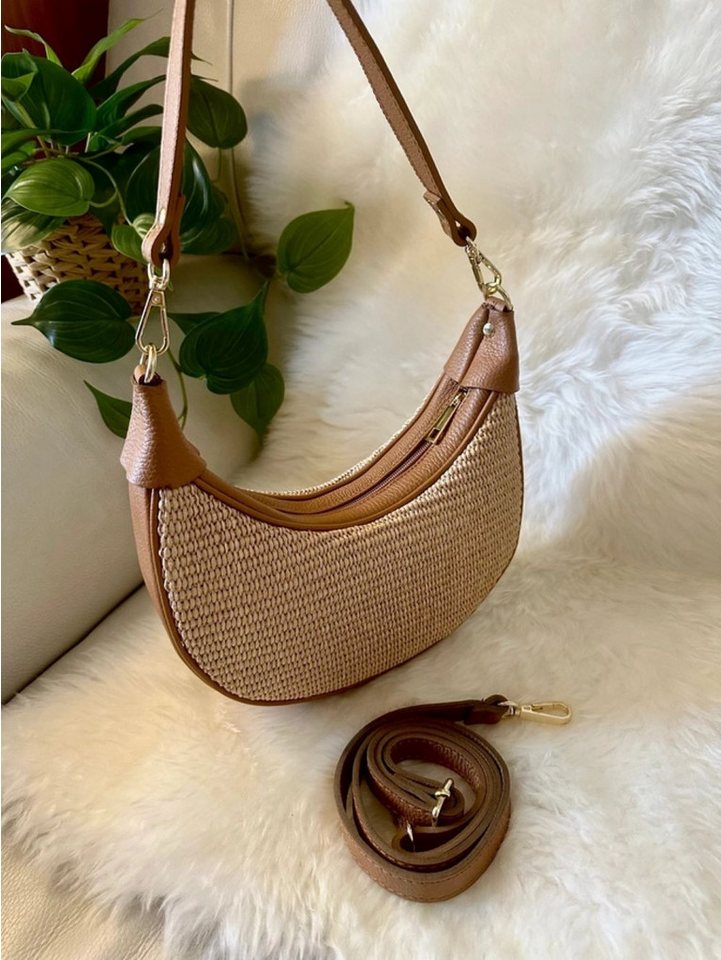 Goodman Design Handtasche Halbmondförmige Schultertasche aus Echtleder und Raffia, Stilvoll, leicht und vielseitig einsetzbar von Goodman Design