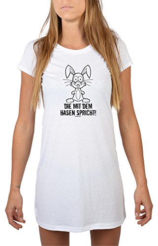 Lustiges Hasen Nachthemd tierische Sprüche : Die mit dem Hasen spricht! - Longshirt Damen Hase Farbe: Weiss Gr: XL von Goodman Design