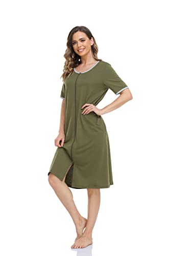 Damen Hausmantel mit Reißverschluss, weicher Bademantel, halbe Ärmel, Nachtwäsche, volle Länge, gestreift, Loungewear mit 2 Taschen, Kurze Ärmel Armeegrün, Medium Damen Hausmantel mit Reißverschluss, weicher Bademantel, halbe Ärmel, Nachtwäsche, volle Länge, gestreift, Loungewear mit 2 Taschen, Kurze Ärmel Armeegrün, Medium von GoodmanShop