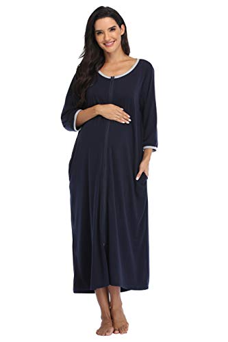 GoodmanShop Damen-Bademantel mit Reißverschluss, halblange Ärmel, Nachtwäsche, volle Länge, gestreift, Loungewear mit 2 Taschen, Marineblau, X-Large GoodmanShop Damen-Bademantel mit Reißverschluss, halblange Ärmel, Nachtwäsche, volle Länge, gestreift, Loungewear mit 2 Taschen, Marineblau, X-Large von GoodmanShop