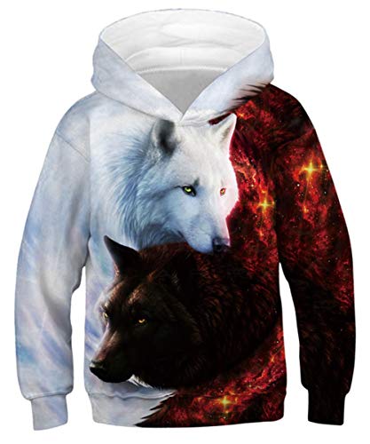 Goodstoworld 3D Pullover Kinder Wolf Druck Jungen Pulli Mädchen Hoodie Sweatshirt Kinder Roter Wolf Kapuzenshirt Kapuzenpullover Coole Pulli 6-8 Jahre von Goodstoworld