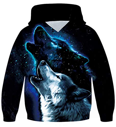 Goodstoworld Fleece Kinder Kapuzenpullover Mädchen Jungen 3D Wolf Coole Tier Druck Pullover Hoodie Teenager Lange Ärmel Kapuzensweatshirt Teen 14-16 Jahre von Goodstoworld