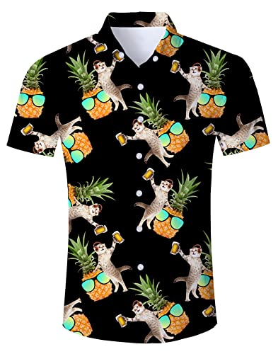 Goodstoworld Hawaiihemd Herren Ananas Hemd Funny Katze Drucke Hemd Aloha Bluse Button Kleid Summer Urlaub Party Strandhemd Hawaiian Freizeithemd Faschings Hawaii Shirt Schwarz L von Goodstoworld