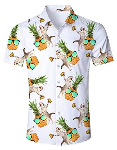 Goodstoworld Hawaiihemd Herren Ananas Hemd Funny Katze Drucke Hemd Aloha Bluse Button Kleid Summer Urlaub Party Strandhemd Hawaiian Freizeithemd Faschings Hawaii Shirt Weiß XXL von Goodstoworld