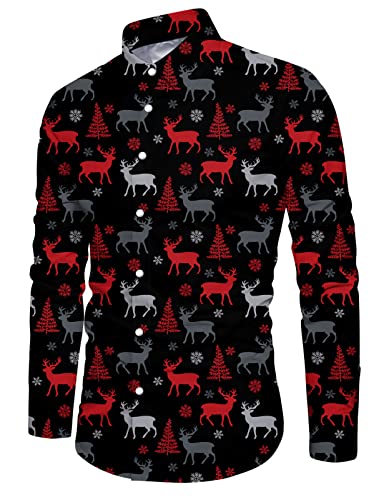 Goodstoworld Herren Hemd Weihnachten Männer Weihnachtsbaum Elchmuster Herren Hemden Casual Bunte Knöpfbar Langarm Stehkragen Slim Fit Christmas Shirts M von Goodstoworld