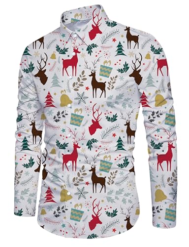 Goodstoworld Herren Hemd Weihnachten Männer Weihnachtsbaum Rentier Druck Herren Hemden Casual Bunte Knöpfbar Langarm Stehkragen Slim Fit Christmas Shirts XXL von Goodstoworld