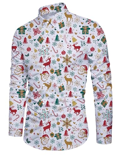 Goodstoworld Herren Hemd Weihnachten Männer Weihnachtsbaum Rentier Druck Herren Hemden Casual Bunte Knöpfbar Langarm Stehkragen Slim Fit Christmas Shirts XXL von Goodstoworld