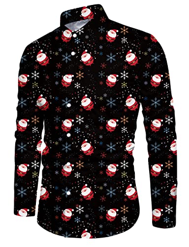 Goodstoworld Herren Hemd Weihnachten Männer Weihnachtsmann Blumenmuster Herren Hemden Casual Bunte Knöpfbar Langarm Stehkragen Slim Fit Christmas Schwarz Shirts M von Goodstoworld