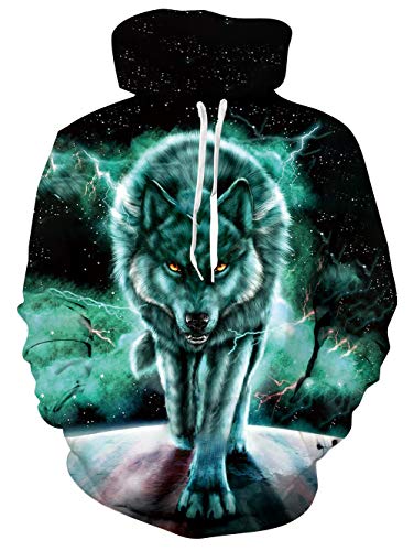 Goodstoworld Herren Pullover 3D Unisex Damen Hoodie Wolf Druck Langarm Sweatshirt Pulli mit Drawstring Taschen Grün Kapuzenpullover M von Goodstoworld