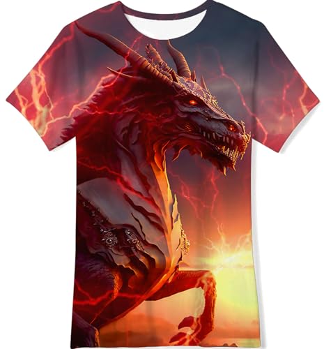 Goodstoworld Kinder T-Shirt 3D Drachen Druck Jungen Mädche Rot T Shirts Kurzarm Rundhals Sommer Coole Tops 13–14 Jahre von Goodstoworld