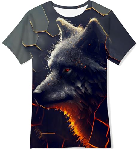 Goodstoworld Kinder T-Shirt 3D Wolf Druck Jungen Mädche Wölfin T Shirts Kurzarm Rundhals Sommer Coole Tops Blau 6–8 Jahre von Goodstoworld