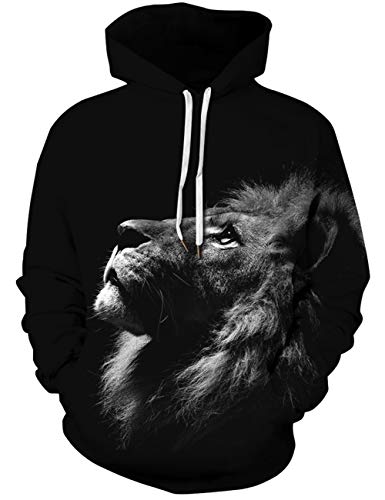 Goodstoworld Pullover Herren 3D Unisex Hoodie Löwe Druck Langarm Sweatshirt Damen Pulli mit Drawstring Taschen Schwarz Kapuzenpullover M von Goodstoworld