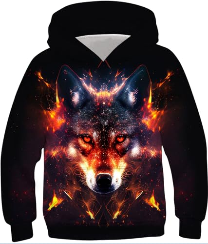 Goodstoworld Pullover Kinder 3D Wolf Druck Jungen Pulli Mädchen Hoodie Sweatshirt Kinder Flamme Kapuzenshirt Kapuzenpullover Coole Lustig Pulli 6-8 Jahre von Goodstoworld