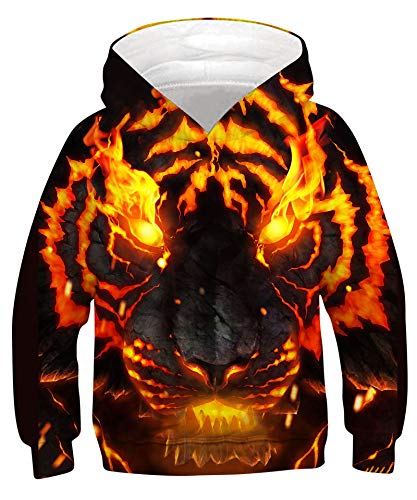 Goodstoworld Pullover Jungen Halloween Pulli Mädchen 3D Hoodie Sweatshirt Kinder Flammen Tiger Kapuzenshirt Kapuzenpullover Coole Pulli 14-16 Jahre von Goodstoworld