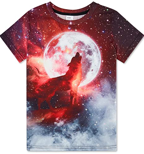 Goodstoworld T Shirt Kinder Jungen Mädchen 3D Galaxy Wolf Druck T-Shirt Sommer Kurzarm Coole Shirts Teenager Sport Top Kleidung Rot T-Shirts für Kinder 13-14 Jahre（L） von Goodstoworld