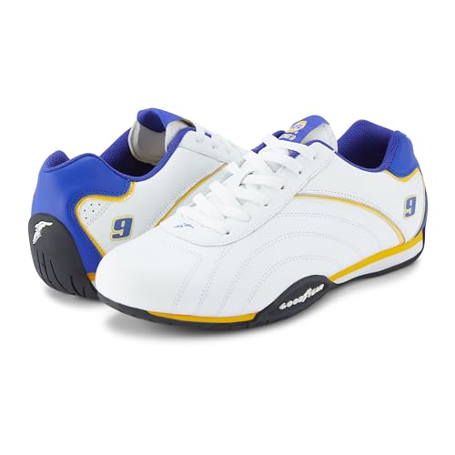 Goodyear Ori Racer Herren-Sneaker – Hendrick Motorsports Low-Top-Sneaker, Schnürschuhe, Leder und Netzfutter, #9 Weiß/Königsblau/Gelb, 42.5 EU von Goodyear