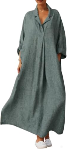Damen Baumwollleinenkleid Übergroßes Stehkragenkleid mit V-Ausschnitt Langarm Schwimmender Strandurlaub Langes lockeres Hemdkleid in großer Größe (Grau,XL) von Goolecrimp