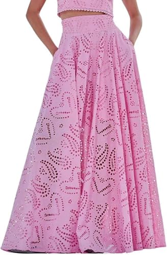 Damen Boho-Rock mit ausgestellter Taille Spitze Blumenmuster Flatterrock mit Taschen Langer Rock A-Linie Rüschen hohe Taille mehrlagiger Netz-Poncho (Rosa,XL) von Goolecrimp