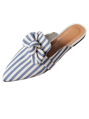 Damen Bowknot Gestreift Spitz Zehe Rückenfreie Sandalen Flache Schuhe Niedriger Absatz Hausschuhe Rückenfreie Freizeitschuhe Büro Sommer (Blau,39) von Goolecrimp