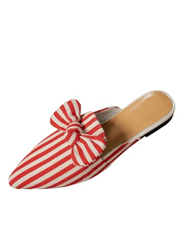 Damen Bowknot Gestreift Spitz Zehe Rückenfreie Sandalen Flache Schuhe Niedriger Absatz Hausschuhe Rückenfreie Freizeitschuhe Büro Sommer (Rot,36) von Goolecrimp