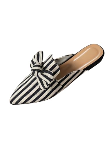 Damen Bowknot Gestreift Spitz Zehe Rückenfreie Sandalen Flache Schuhe Niedriger Absatz Hausschuhe Rückenfreie Freizeitschuhe Büro Sommer (Schwarz und Weiß,37) von Goolecrimp