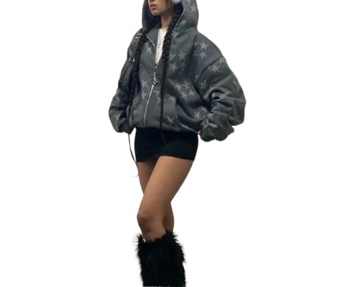 Damen Casual Hoodie Y2K Star Muster Print Reiß Verschluss Hoodie Mode Trend Lose Harajuku Hip Hop Punk Paar Kapuzen Pullover (Grau,L) von Goolecrimp