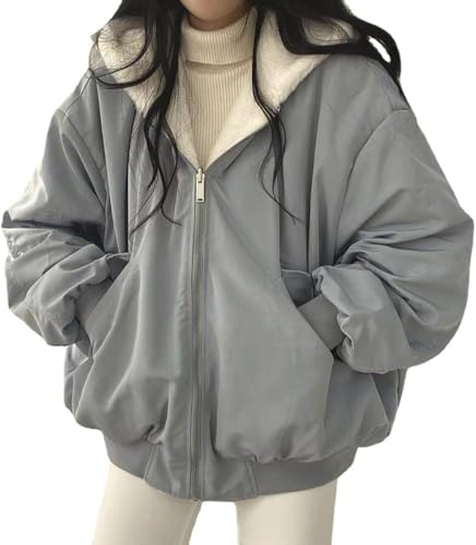 Damen Gothic Reißverschluss Zwei-Wege Hoodie Plüsch Y2K mit Taschen Mantel Punk Grunge Jacke Hip Hop Loose College Style Kapuzenjacke (Blau,L) von Goolecrimp