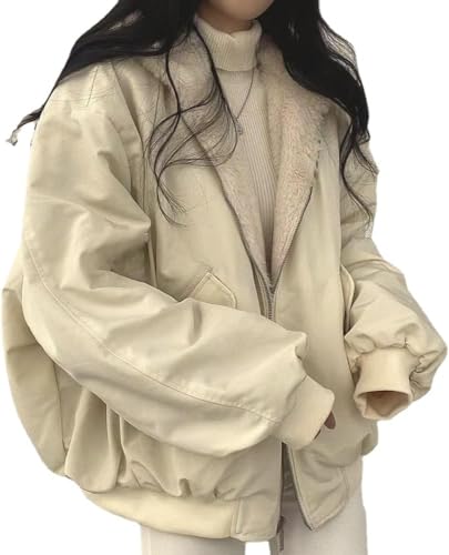 Damen Gothic Reißverschluss Zwei-Wege Hoodie Plüsch Y2K mit Taschen Mantel Punk Grunge Jacke Hip Hop Loose College Style Kapuzenjacke (Mandel,S) von Goolecrimp