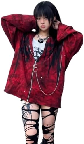 Damen Gothic Vintage Langarm Zipper Print Strickjacke Y2K Büro Street Style Zipper Hoodie Oversized Sweatshirt mit Taschen (Rot,M) von Goolecrimp