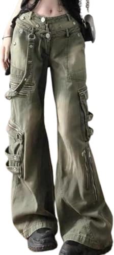 Damen Jeans Im Retro Stil Hip-Hop Punk Und Gothic Für Frühling Und Herbst Y2K Mode High Waist Weites Bein Lässig Trendig Mit Mehreren Taschen (Grün,XL) von Goolecrimp