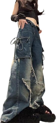 Damen Jeans mit Sternen Print Y2K Modische Jeans mit vielen Taschen hoher Taille Lockerem Schnitt und Fransenbund Lässige Jeans mit weitem Bein im Gothic Punk-Hip-Hop Stil (Blau,M) von Goolecrimp