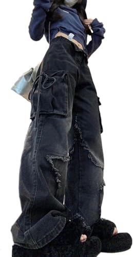 Damen Jeans mit Sternen Print Y2K Modische Jeans mit vielen Taschen hoher Taille Lockerem Schnitt und Fransenbund Lässige Jeans mit weitem Bein im Gothic Punk-Hip-Hop Stil (Schwarz,M) von Goolecrimp