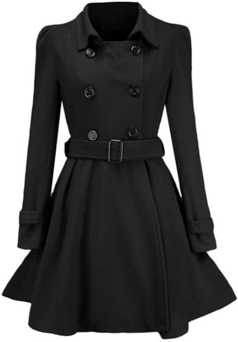 Damen Knopf Tweed Mantel Winter Warmer eleganter Business Freizeit Mantel Französischer Modetrend Tweed Rüschen Trenchcoat (Schwarz,S) von Goolecrimp