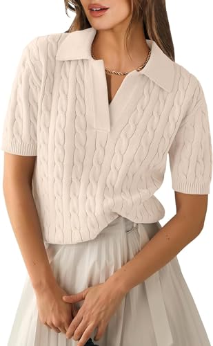 Damen Kurzarm Pullover Top Polo Hals Frühling und Herbst Stricken lässig weich Pullover Vintage Strick V-Ausschnitt Kurzarm (Beige,S) von Goolecrimp