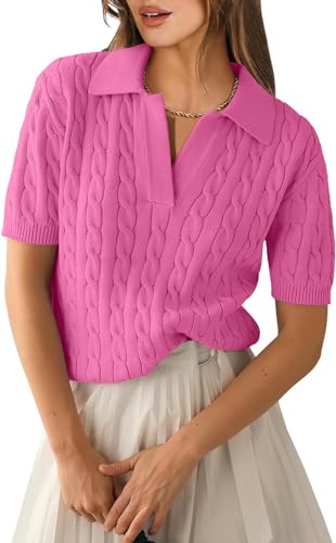 Damen Kurzarm Pullover Top Polo Hals Frühling und Herbst Stricken lässig weich Pullover Vintage Strick V-Ausschnitt Kurzarm (Rose,L) von Goolecrimp