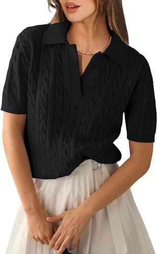 Damen Kurzarm Pullover Top Polo Hals Frühling und Herbst Stricken lässig weich Pullover Vintage Strick V-Ausschnitt Kurzarm (Schwarz,L) von Goolecrimp