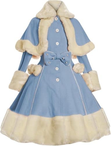 Damen Mädchen Gothic Prinzessin Kleid Vintage Umhang Dreiteilig Mittelalter Vintage Süßer Lolita Kostüm Mantel Plüsch Dicker Umhang Jacke Kleid (Blau,M) von Goolecrimp