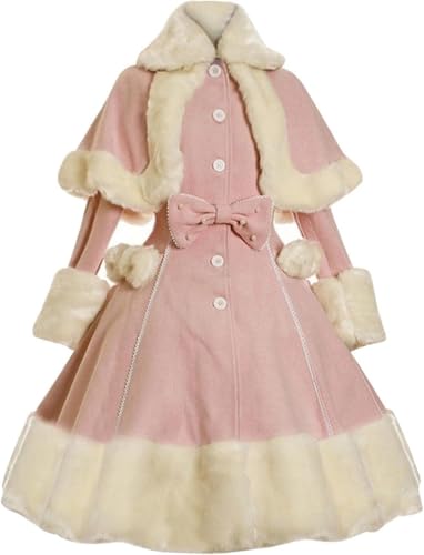Damen Mädchen Gothic Prinzessin Kleid Vintage Umhang Dreiteilig Mittelalter Vintage Süßer Lolita Kostüm Mantel Plüsch Dicker Umhang Jacke Kleid (Rosa,XL) von Goolecrimp