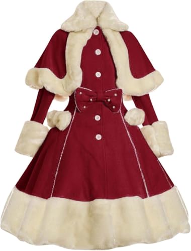 Damen Mädchen Gothic Prinzessin Kleid Vintage Umhang Dreiteilig Mittelalter Vintage Süßer Lolita Kostüm Mantel Plüsch Dicker Umhang Jacke Kleid (Rot,XL) von Goolecrimp