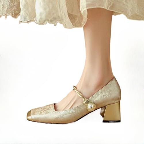 Damen Mary Jane Abendschuhe mit mittlerem dickem Absatz Frühling und Sommer dicker Boden niedriger Absatz quadratischer Kopf klassische Damenschuhe (Champagner,40) von Goolecrimp